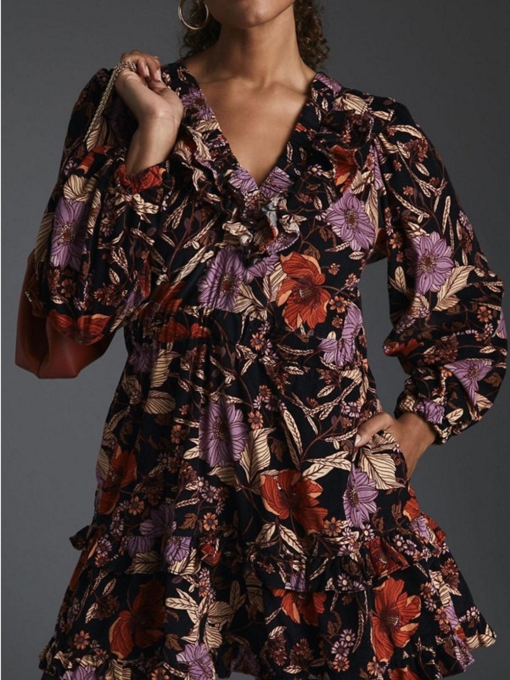 Anthropologie Pilcro Tiered Corduroy Floral Mini Dress, size xxs